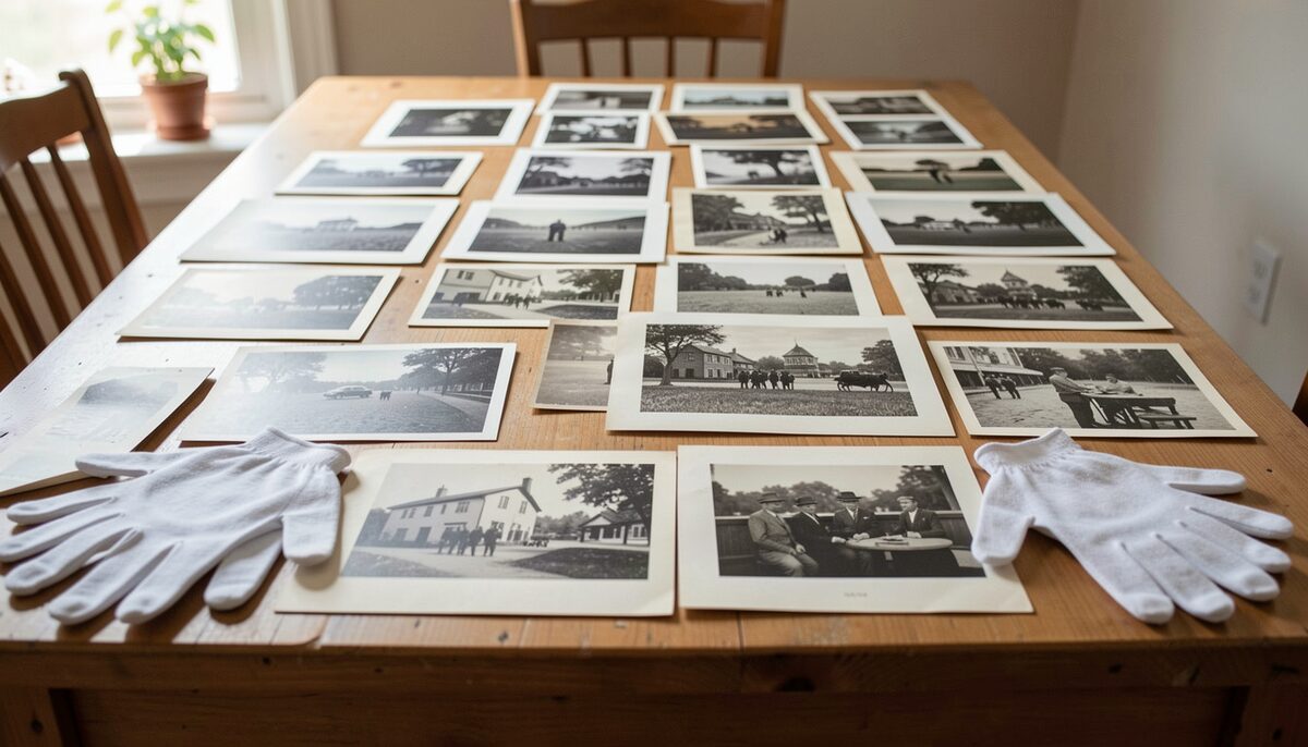 A table covered with black and white archival photographs and white cotton gloves, no readable text.