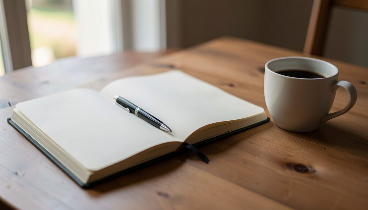 An open notebook with a pen, blank pages, beside a cup of coffee.