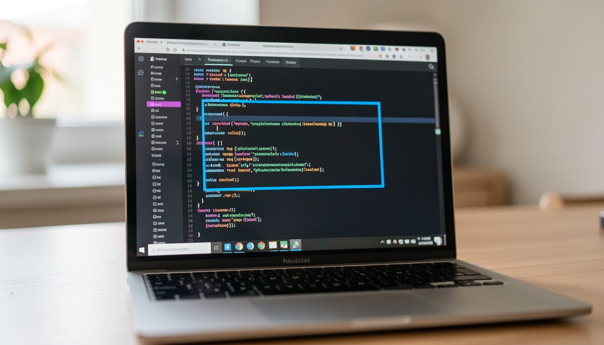 A laptop screen showing lines of code with a blue rectangle drawn around a section, no readable text.