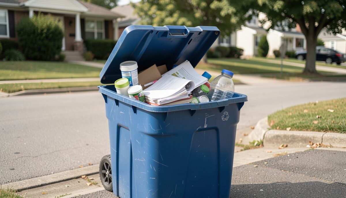 A residential curbside blue recycling bin with mixed paper and containers, no text or logos.