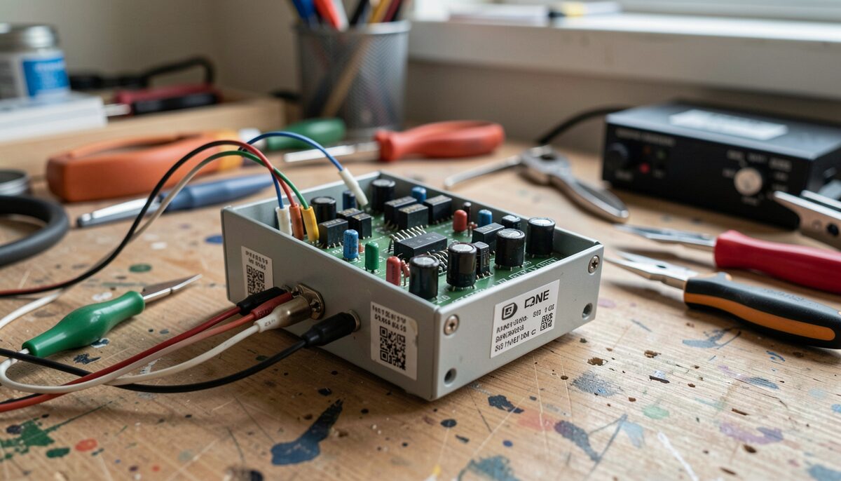 Close-up of an early electronic tone generator on a workbench, wires and alligator clips visible, no text or labels.