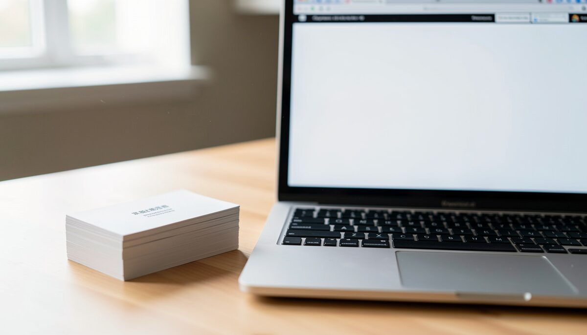A stack of business cards with no readable text, next to a laptop showing a blank web page.