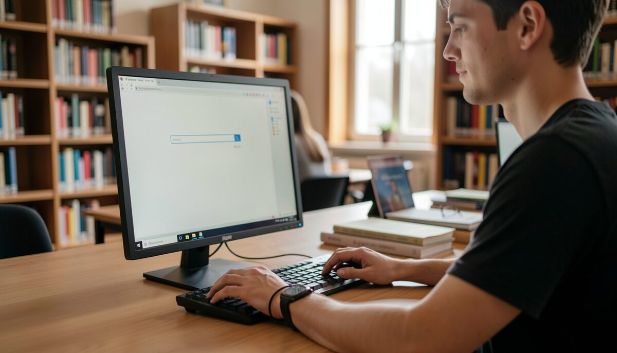 A person using a desktop computer in a library, search bar visible but no readable text.
