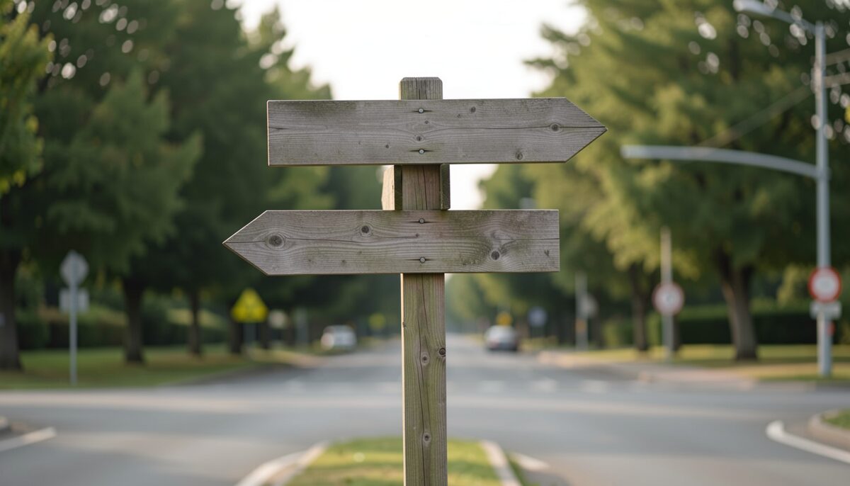 A signpost with blank directional arrows at a crossroads, no text.