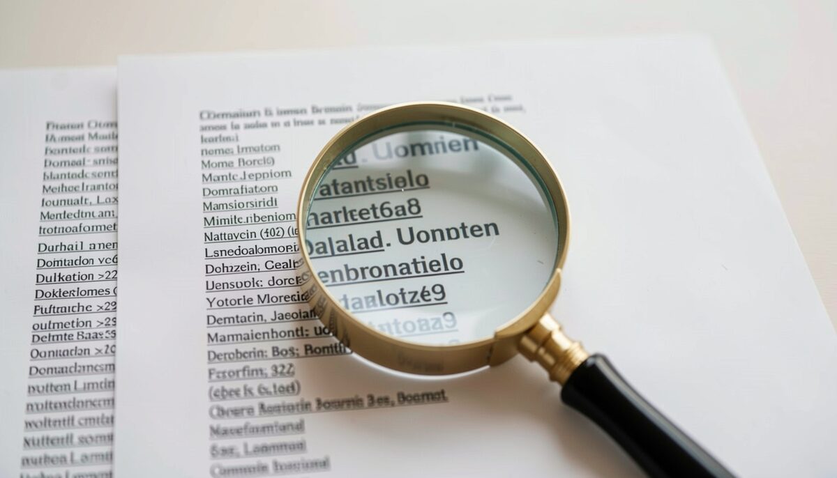 A close-up of a magnifying glass over a printed domain name list, no readable words.